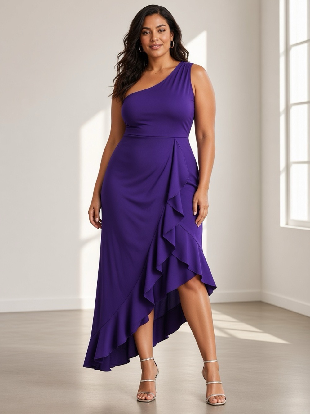 Mushare Purple One Shoulder Ruffle Midi Dress | Size XL | Asymmetrical